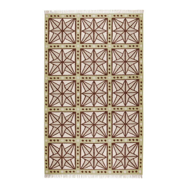 Part & Parcel Goods Wool Star Rug, 2’6” x 10', Celadon, Chocolate, Sage and Eggshell For Sale