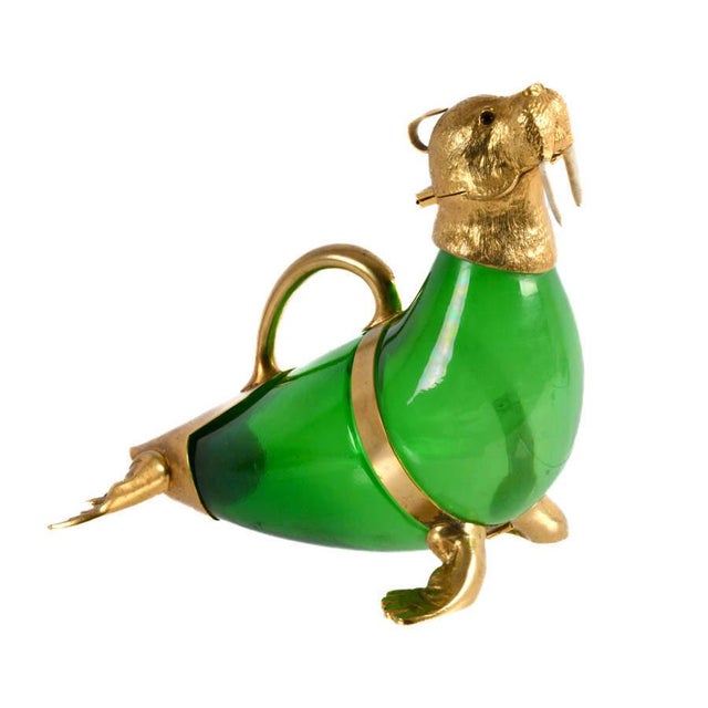 Vintage Green Glass & Gilt Metal Walrus Claret Wine Decanter For Sale - Image 4 of 8