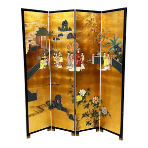 Vintage Hand-Painted 4 Panel Chinese Folding Screen / Room Divider With Gold Gilded Panels
