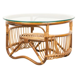 Bent Rattan Side Table and Magazine Rack For Sale