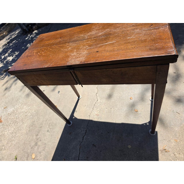 Antique English Oak Fold Over Writing Game Table Desk Drawer Edwardian c.1900 For Sale - Image 10 of 10