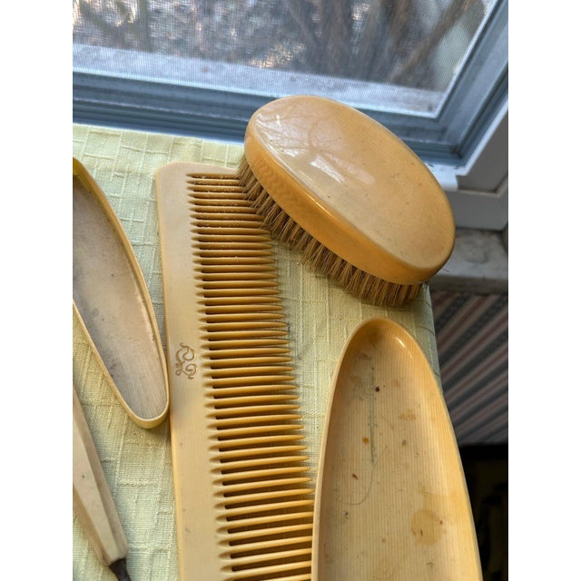 8 Pc Antique French Ivory Celluloid Dresser Set With Clock and More Art Deco 30s For Sale In Panama City, FL - Image 6 of 9