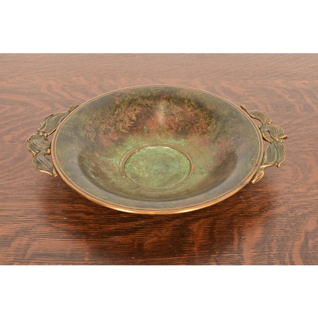 A beautiful Art Deco or Arts & Crafts period verdigris bronze centerpiece bowl or fruit bowl with figural leaf and berry...