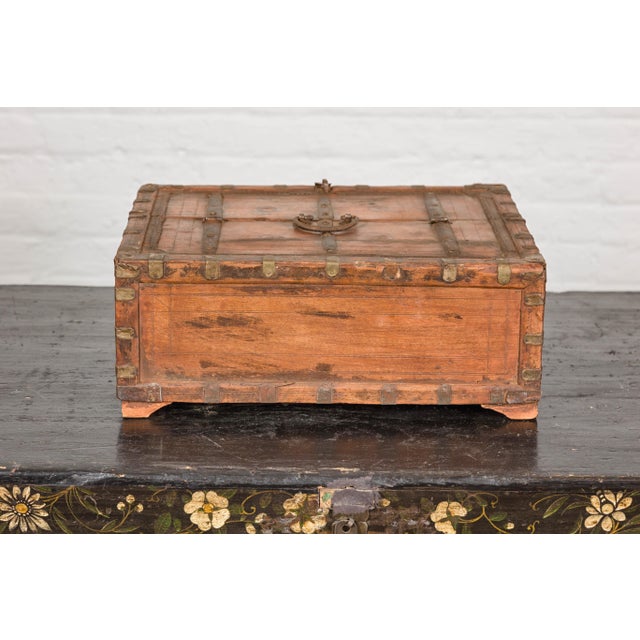 Indian Rustic Indian Document Wooden Box with Brass Details and Partial Opening Top For Sale - Image 3 of 12