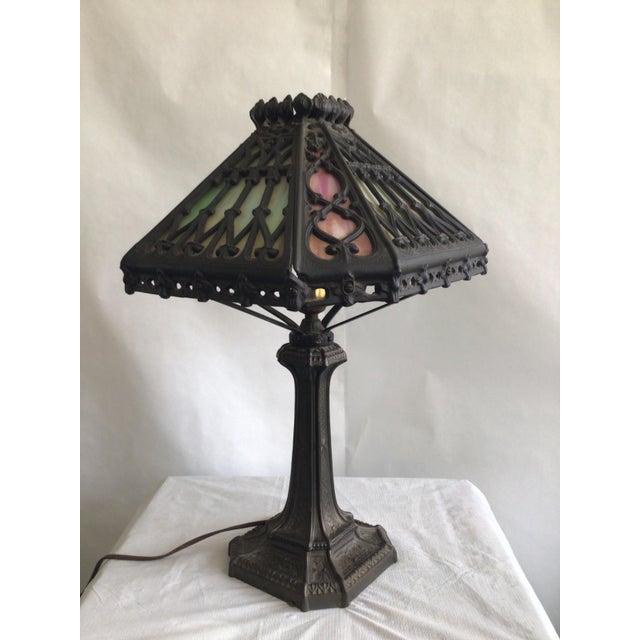 1920s 1920a Ornate Iron Leaded Glass Table Lamp For Sale - Image 5 of 11