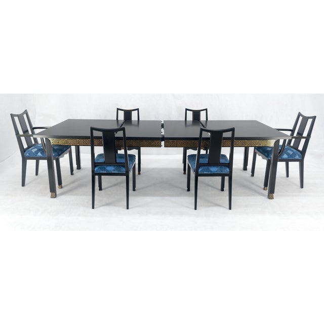 Mid 20th Century Black Lacquer Gold Ornament Decorated 6 Chairs 2 Leaves Dining Table Set MINT! For Sale - Image 5 of 18