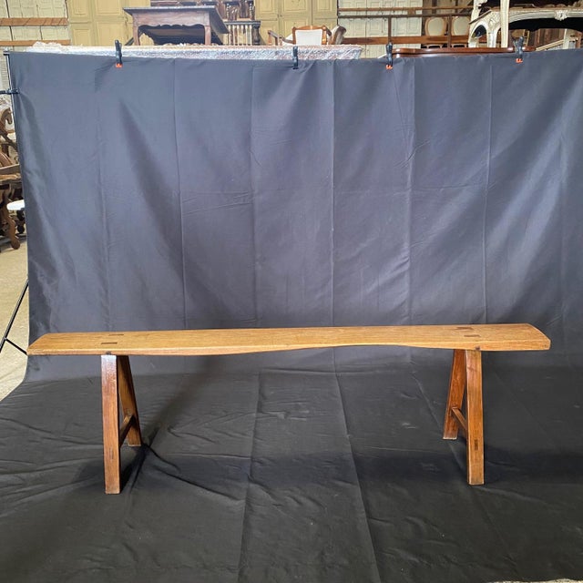 Mid 19th Century Antique French Provincial Farmhouse Walnut Trestle Base Benches -a Pair For Sale - Image 5 of 11
