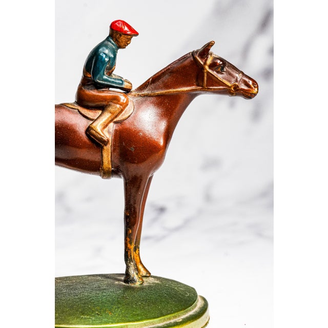 1920s Colorful Horse Jockey Antique Cold Painted Bronze Sculpture Statue Bookends Equestrian For Sale - Image 5 of 18