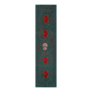 Green Uzbek Suzani Table Runner – Red Pomegranate Motif 1'7'' X 6'2'' For Sale
