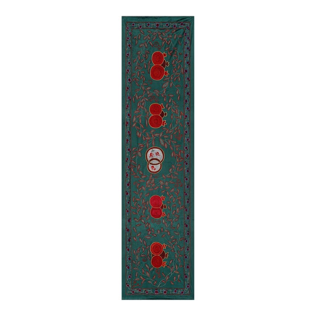 Green Uzbek Suzani Table Runner – Red Pomegranate Motif 1'7'' X 6'2'' For Sale