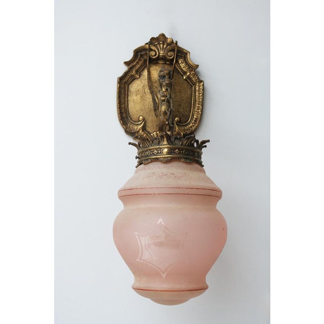 Antique Gothic Revival Bronze Dragon or Griffin Wall Sconce with Pink Glass Shade, Early 20th Century For Sale - Image 4 of 16