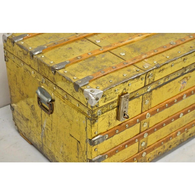 Victorian Antique Victorian Brass Clad Wooden Band Train Trunk Storage Treasure Chest For Sale - Image 3 of 11
