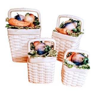 Fitz and Floyd 4 Piece Ceramic Weave Basket Vegetable Canister Set For Sale