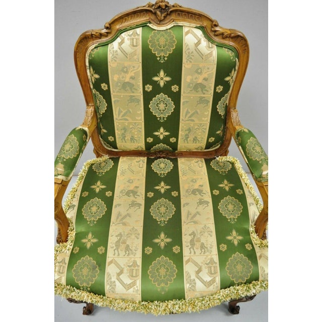 Antique French Louis XV Style Green & Gold Walnut Fauteuil Arm Chairs - A Pair For Sale - Image 11 of 12