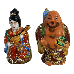 Old Kutani Japanese Porcelain Gods Hotei and Benzatein