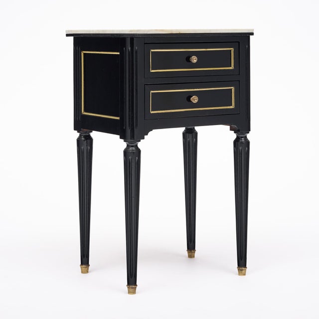 Wood Pair of French Louis XVI Style Ebonized and Brass Marble-Top Side Tables For Sale - Image 7 of 9