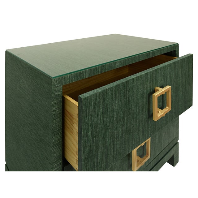 Matthew Izzo Home Cole Green Dyed Grasscloth Two Drawer Side Table/Nightstand With Glass Top and Large Square Brass Handle For Sale - Image 9 of 11