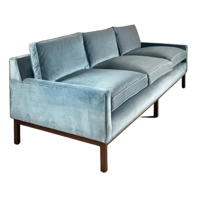 Icy Blue Dunbar-Style Sofa With Walnut Base + Legs For Sale