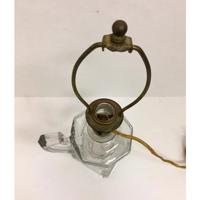 Metal Antique Greek Key Pressed Glass Electrified Oil Lamp For Sale - Image 7 of 12