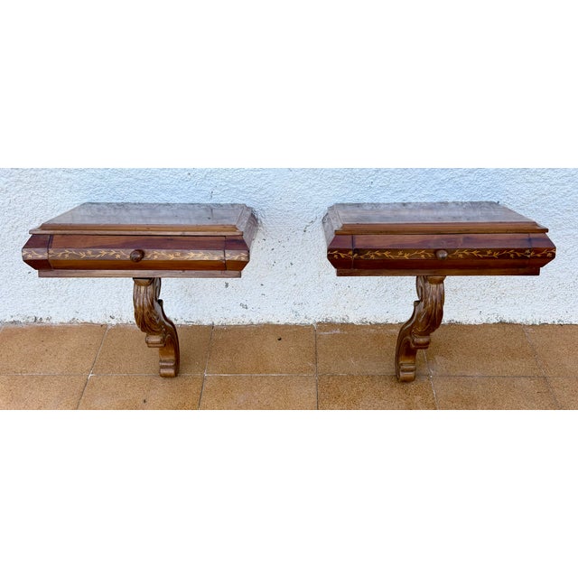 1930s Pair of Spanish Wall-Mounted Wood Nightstands With Floral Inlay For Sale - Image 4 of 9