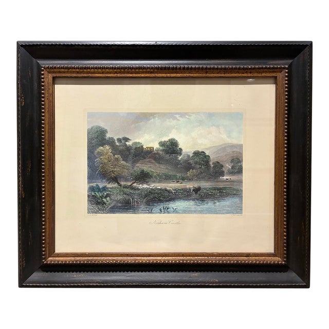 Vintage “Norham Castle” English Countryside Landscape Print in Ornate Black & Gold Frame For Sale