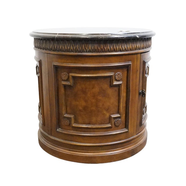 Drexel Furniture Talavera Collection Contemporary Neoclassical Tuscan Style 30" Round Drum Accent Storage End Table W. Granite Top For Sale - Image 9 of 10