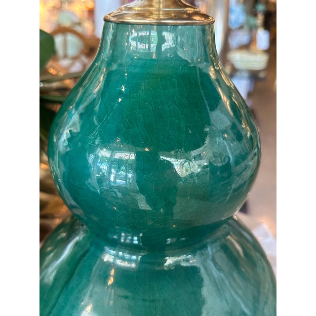 Vintage Pair Gourd Green Crackle Glaze Porcelain Table Lamps Newly Wired Brass For Sale - Image 11 of 12