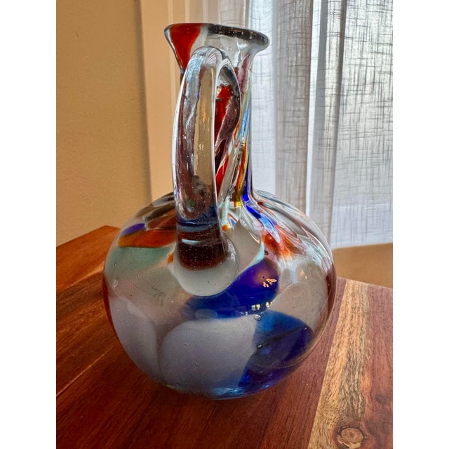 Late 20th Century Late 20th Century Hand Blown Studio Art Glass Pitcher With Abstract Color Inclusions For Sale - Image 5 of 7