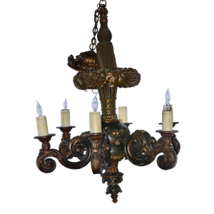 19th Century French Louis XVI Style Hand Carved Giltwood 6 Arm Tassle Chandelier