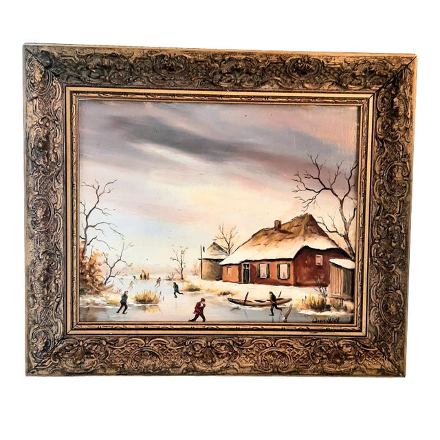 Winter Snow Scene Oil on Board Ice Skaters For Sale