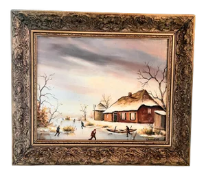 Winter Snow Scene Oil on Board Ice Skaters