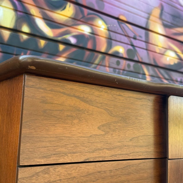 United Mid Century Walnut and Brass Highboy Dresser For Sale - Image 11 of 12