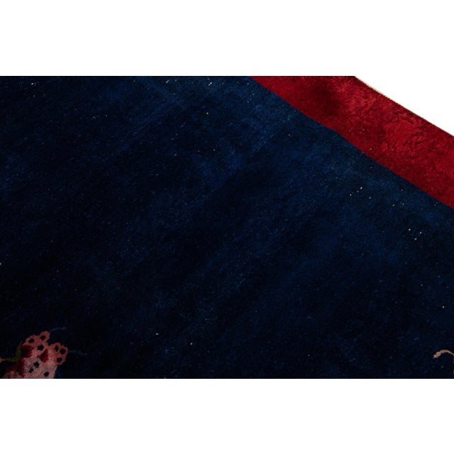 Antique Art Deco Chinese Handmade Floral Blue Wool Rug For Sale - Image 12 of 13