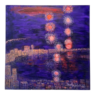 Vintage Molly J Schiff Landscape Painting Purple Night Sky Asia For Sale