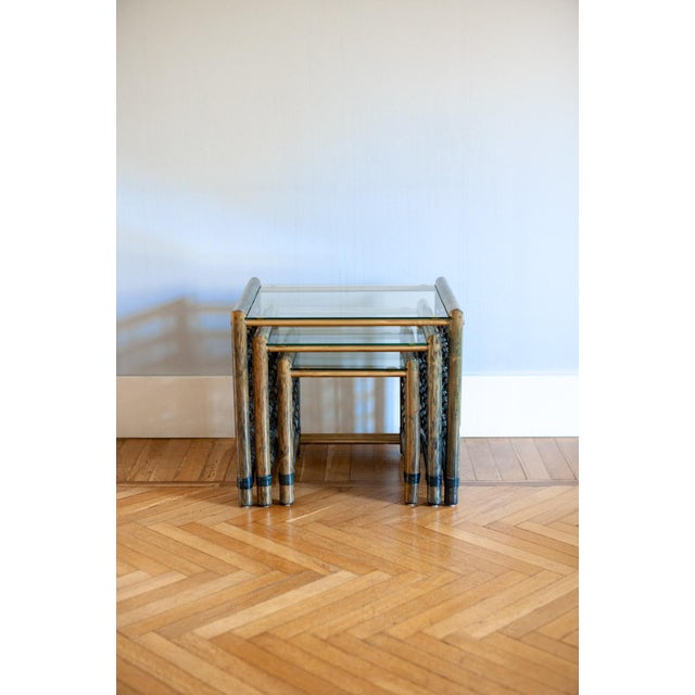 Vintage Nesting Tables in Bamboo with Glass Top from Gallotti & Radice, 1970, Set of 3 For Sale - Image 3 of 15