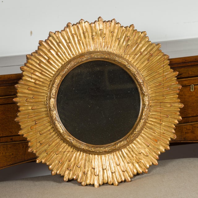 Mid 20th Century French Midcentury Giltwood Sunburst Mirror with Radiating Rays and Carved Frame For Sale - Image 5 of 11