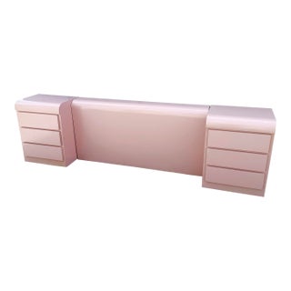 Postmodern Pink Gloss Laminate Waterfall Nightstands With Queen Headboard Set - 3 Pieces For Sale