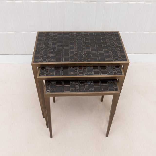 Modern Set of 3 Nesting Tables in Black Shagreen and Black Pen Shell With Bronze Patina Brass by R&y Augousti For Sale - Image 3 of 12
