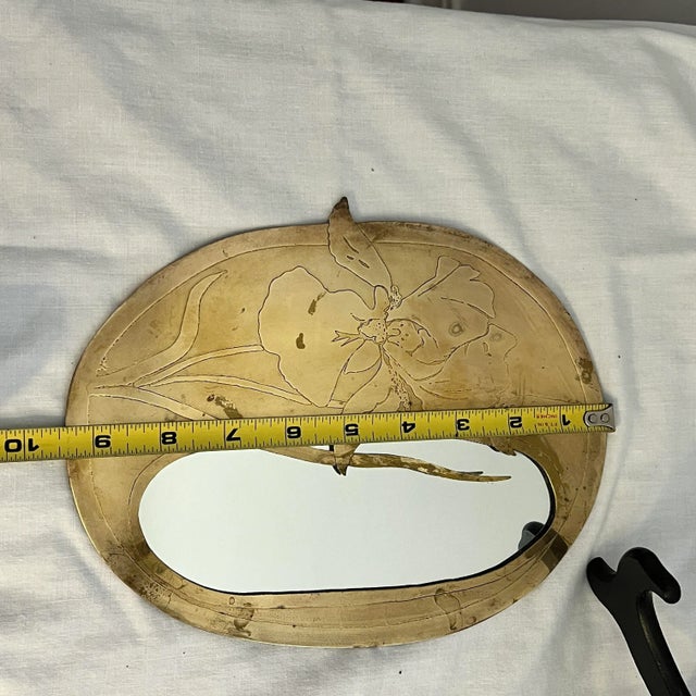 Art Nouveau Mid Century Dresser or Tabletop Mirror Engraved Iris on Frame. For Sale - Image 3 of 7