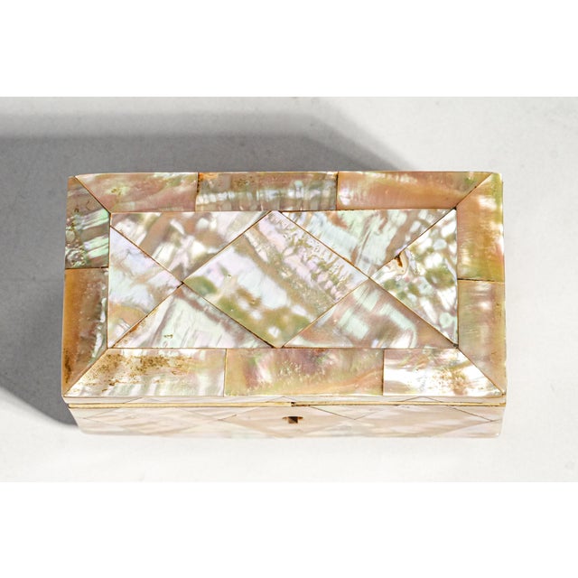 Rare Antique English Mother of Pearl Jewelry Box Victorian Miniature Keepsake Box With Key For Sale - Image 4 of 14
