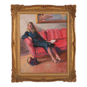 Interior Painting of a Blonde Girl on a Red Sofa by Donald Putt Putman (1926-2007)