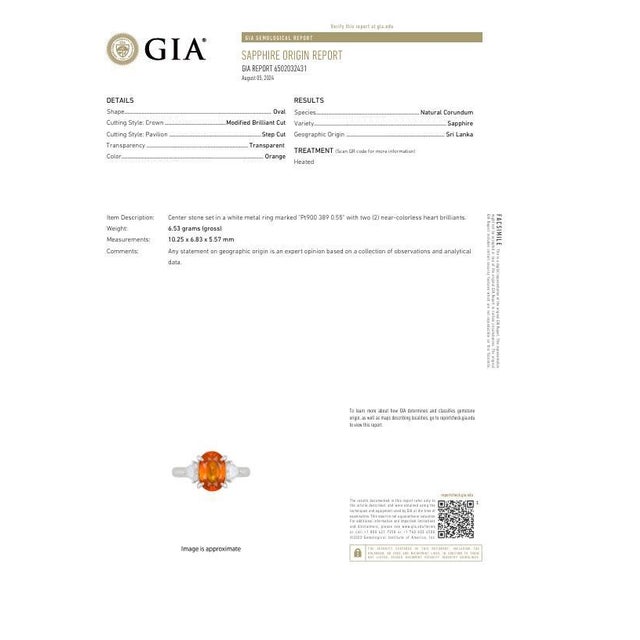 Metal 3.89 Carat Orange Sapphire Diamond Platinum Three-Stone Ring, Gia Certified, Size 7.25 For Sale - Image 7 of 8
