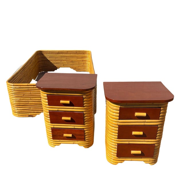 Wood Restored Frankl Style Full Stacked Rattan Bed Frame W/ Night Stands Bedroom Set For Sale - Image 7 of 10