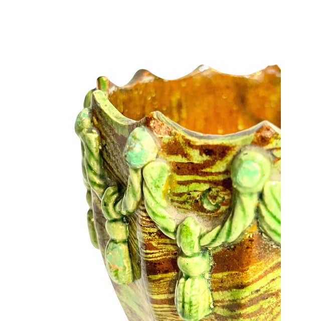 Pair Antique French Majolica Glazed Terracotta Jardinieres With Rope and Tassel Design For Sale - Image 14 of 17