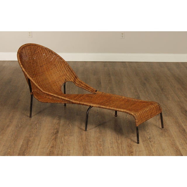 High Quality Vintage Iron Frame Woven Wicker Chaise Lounge Chair, Attributed To Francis Mair (Not Labeled)