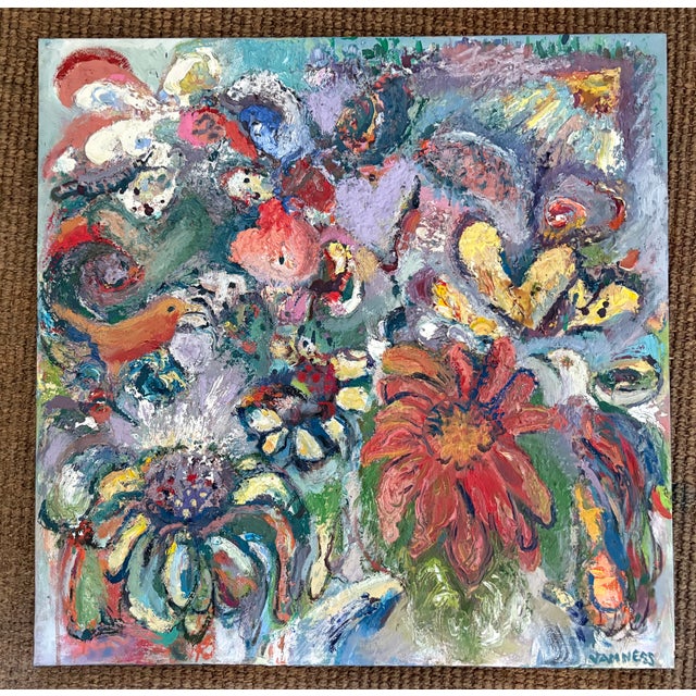 “Wildflowers”, Original Abstract Oil Painting, by Van Ness 24”x24”, framed in a vintage white window frame. Wildflowers,...