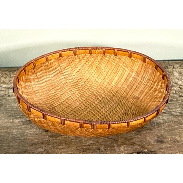 Vintage Japanese Woven Bamboo Winnowing Basket With Rattan Rim For Sale In Providence - Image 6 of 8