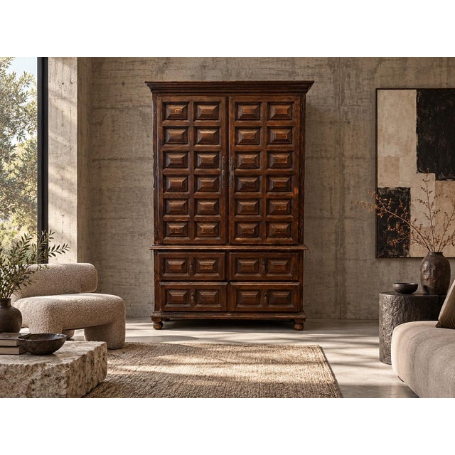 Brutalist Spanish Barn Wood Armoire with Square Panel Carving ready to store anything! It is an artisan-crafted,...