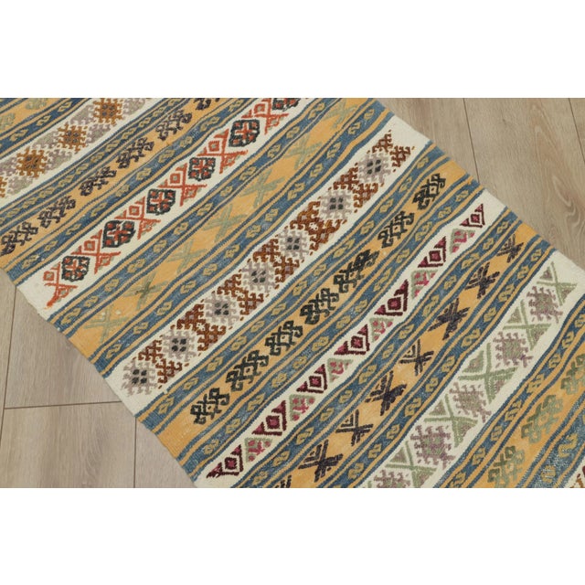 1960s Ethnic Design Ikat Tribal Yellow Striped Kilim Rug For Sale - Image 12 of 13