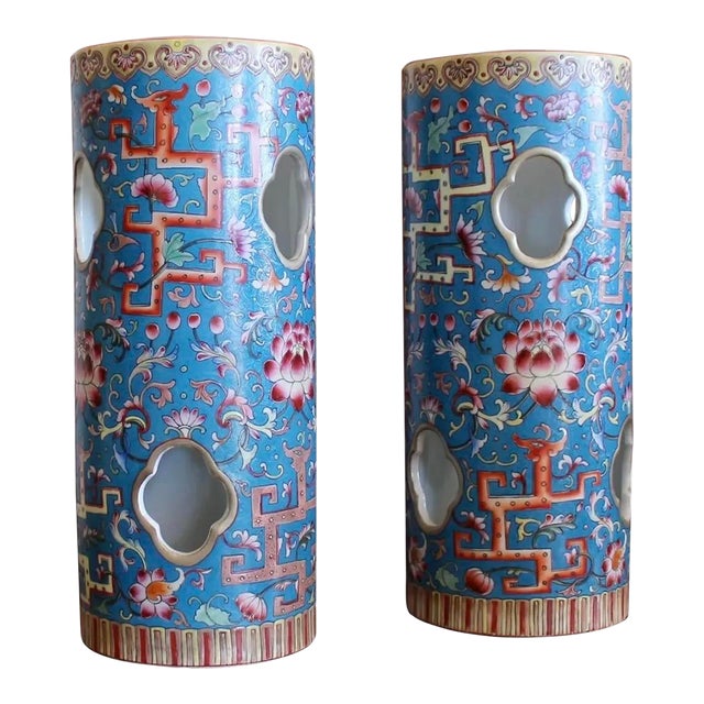 Cerulean Blue Chinese Porcelain Hat Stand Vases - A Pair For Sale